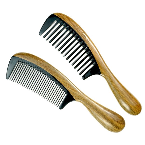 YunZh Wide Tooth Comb and Fine Tooth Combs,Sandalwood Buffalo Ox Horn Wooden Hair Comb for Women Men(2PCS)