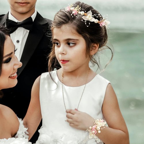 PrettyLife Pearls Flower Headpiece with Matching Wrist Corsage Set for Wedding Flower Girl Fairy Hair Piece Accessories for Birthday Party (Pink Style)