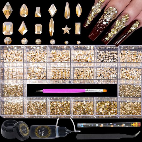 HNUIX Nail Rhinestones Kit 12 Types Champagne Special-Shaped Diamonds 4550Pcs Flatback Crystal 3D Nail Art Rhinestones Decorations Gems Stones With Nail Glue Gel+Nai Brush+Tweezers+Drill Pen