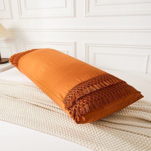 Burnt Orange Body Pillow Cover 20x54 inches Boho Chic Macrame Tassel Decor Body Pillow Case Cover with Pocket Closure(Body,Rust Tassel)