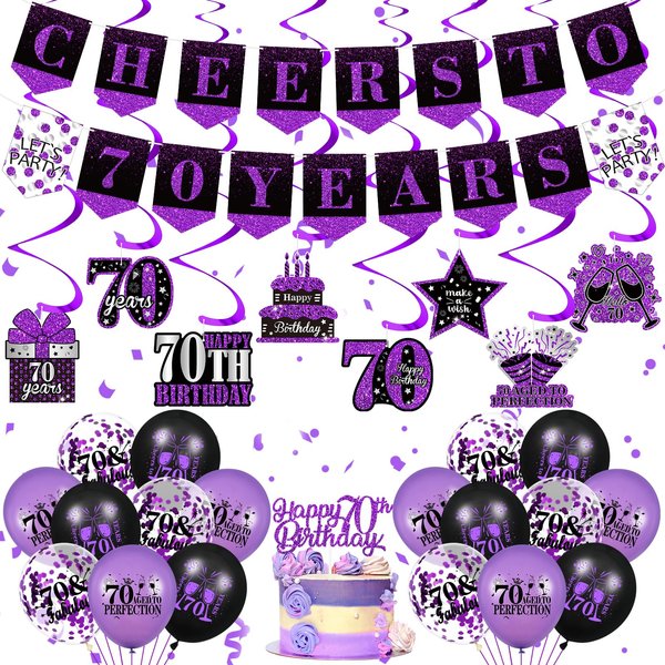 Purple 70th Birthday Decorations for Women Men Purple Black 70th Birthday Banner Hanging Swirls 70th Birthday Balloons Happy 70th Birthday Cake Topper for Purple Cheer to 70 Years Party Supplies