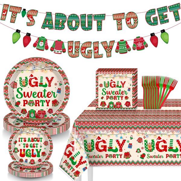 Ugly Sweater Party Decorations, 99 Pcs Ugly Christmas Sweater Party Decorations, It's About To Get Ugly Christmas Tableware Set, Ugly Sweater Plates and Napkins for 24 Guests Christmas Party Supplies