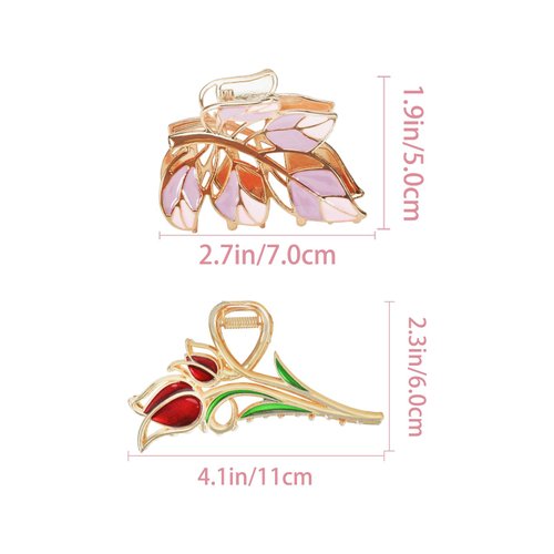 Yonchic 2-Piece Multiple Shapes Metal Hair Clips, Leaves Hair Claws for Thin/Medium Thick Hair, Elegant Tulip Barrettes Strong Hold Hair Clamps Non Slip Cute Hair Catch Clip Accessories