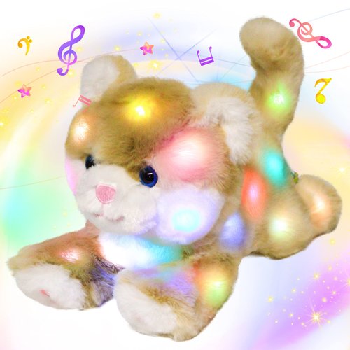 Hopearl LED Musical Stuffed Kitty Lighting Up Singing Plush Cat Adjustable Volume Lullaby Animated Soothe Birthday Gifts for Kids Toddler Girls, 13''