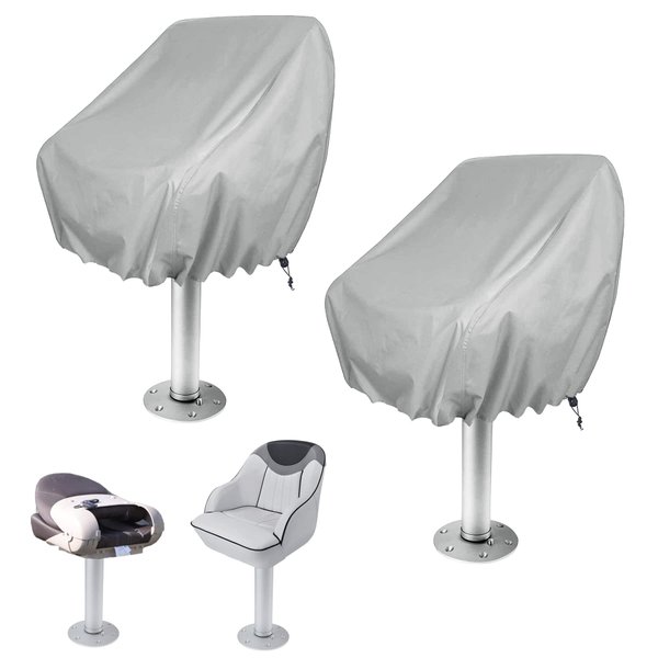 WOMACO 2 Pack Boat Seat Cover, Outdoor Waterproof Pedestal Pontoon Captain Boat Bench Chair Seat Cover, Oxford Fabric Helm Chair Protective Covers (Silver, 2 Pack)