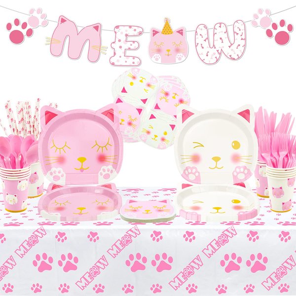 XJLANTTE 167 PCS Cat Birthday Party Supplies - Kitten MEOW Banner, Cat Paper Plates, Napkins, Cups, Tablecloth, Knives, Forks, Spoons and Straws for Girl Pet Cat Party Decorations, Serve 20 Guests