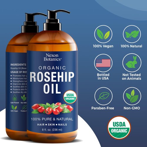 Nexon Botanics Organic Rosehip Oil for Face 8 fl oz - Gua Sha Oil - Facial Oil for Gua Sha Massage - Rose Hip Oil - Rosehip Seed Oil - Aceite de Rosa Mosqueta