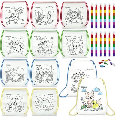 HahaMagic 12 PCS colorable drawstring backpack for kids with 12 stackable crayons (7 colors in one), suitable as return gifts for kids, birthday goodie bags for kids and kids art party favor bags