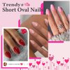 Red Press On Nails Short Oval,KQueenest Thick Acrylic Nails Press Ons,Short Almond Nails Glue on,Natural Round Fake Nails,One Color Gel Stick On Nails Set For Tiny Average Wide Nail Beds