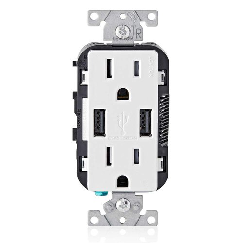 Leviton T5632-W Type-A USB In-Wall Charger with 15A Tamper-Resistant Outlet, USB Charger for Smartphones, White