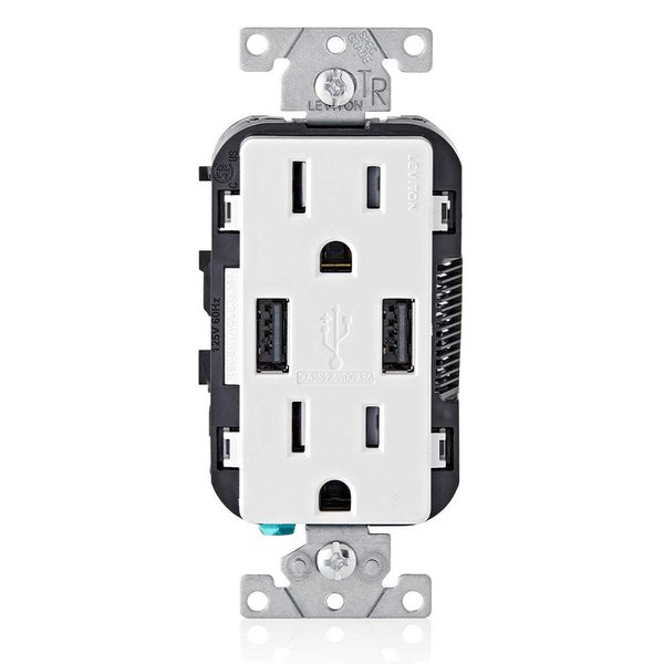 Leviton T5632-W Type-A USB In-Wall Charger with 15A Tamper-Resistant Outlet, USB Charger for Smartphones, White