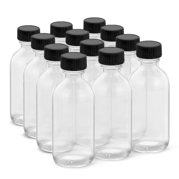 Rionisor 2OZ Small Glass Bottles with Lids and Funnels, 60ml Boston Round Glass Bottles, Perfect for Diy Essential Oils, Perfumes, Whiskey and Juices, 12 Pack Clear