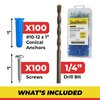 QUALIHOME Conical Concrete Anchors and Screws Kit, Plastic Conical Wall Anchors for Lightweight Fixtures in Concrete, Block, Brick, and More, 100 Pack of Concrete Anchors, Screws & 1 x 1/4" Drill Bit