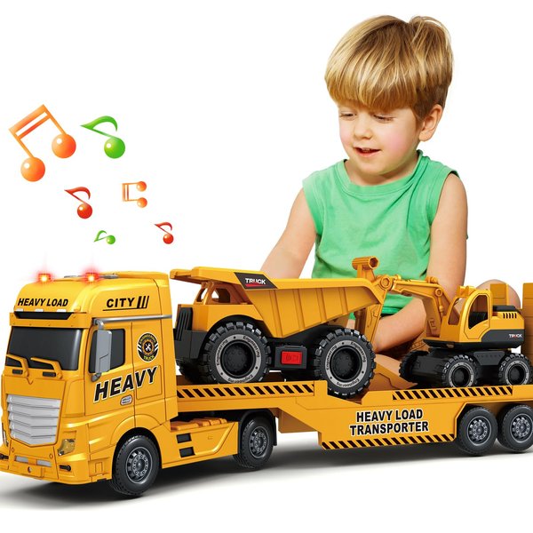 SpringFlower 3 4 5 6 Toddler Boy Toys, 25" Construction Carrier Truck Toy with Excavator and Dump Truck,3 in 1 Truck Boy Toy, Christmas Birthday Gifts for Kids 3 4 5 6 Years Old