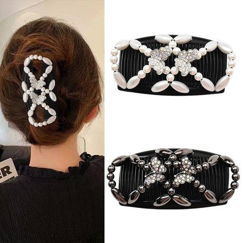 Magic Hair Comb for Women Adjustable Elastic Hair Clip for Girls Pearl Bow Double Sided Comb for Hair Accessories for Women Stretchy Hair Combs for Thick Thin Hair Beaded Hair Clip (black white)