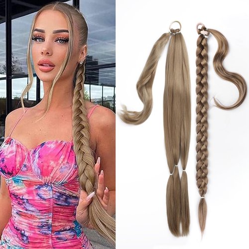 EMMOR Long Braided Ponytail Extension with Hair Straight Wrap Around Ponytail Hair Extensions with Hair Tie Soft healthy Synthetic Hair Piece for Women girls Daily(33 inch Ash Blonde）