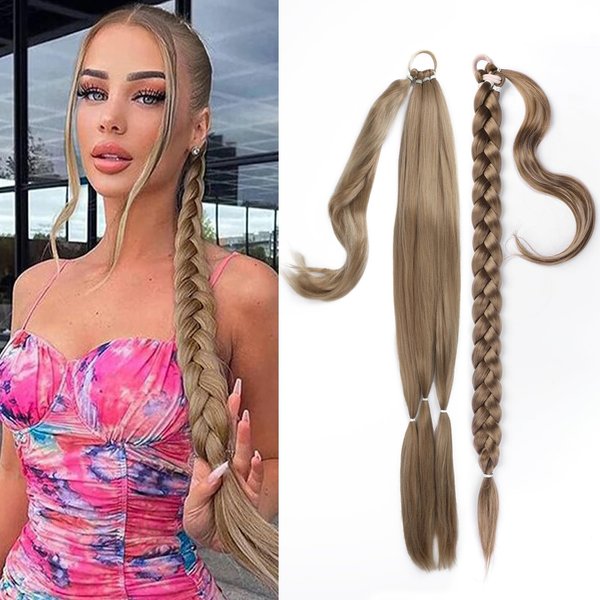 EMMOR Long Braided Ponytail Extension with Hair Straight Wrap Around Ponytail Hair Extensions with Hair Tie Soft healthy Synthetic Hair Piece for Women girls Daily(33 inch Ash Blonde）