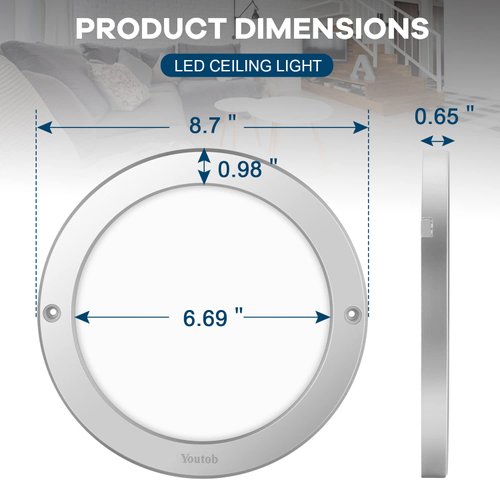 Youtob LED Flush Mount Ceiling Light, 15W 100 Watt Equivalent, 1200lm Brushed Silver Round Lighting Fixture for Closets, Kitchens, Stairwells, Basements, Bedrooms, Washrooms (Cool White 4000K)