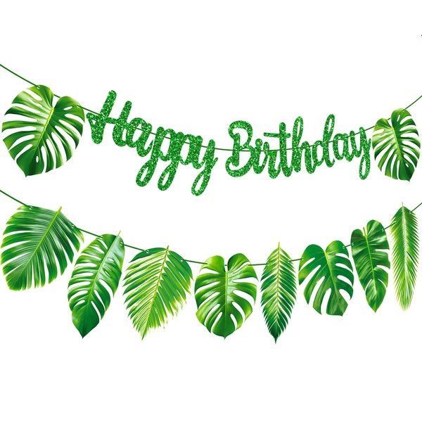 Tropical Birthday Decorations Green Palm Leaf Happy Birthday Banners Hawaiian Luau Birthday Decorations for Summer Theme Birthday Party Jungle Baby Shower Supplies