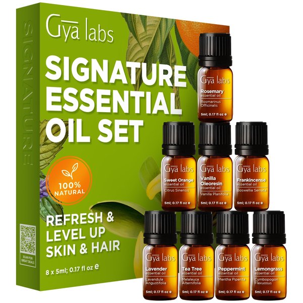 Gya Labs Signature Essential Oil Set, Essential Oils for Home - Diffusion, Self-Care, Skin, DIY - Peppermint, Lavender, Orange, Tea Tree, Vanilla, Rosemary, Lemongrass, Frankincense - 8 x 0.17 fl oz