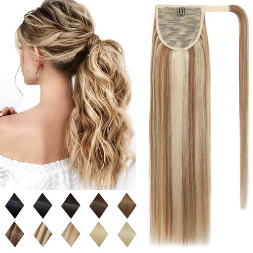 SEGO Ponytail Extension Human Hair Real Human Hair Clip In Wrap Around Long Straight Ponytail With Magic Paste Pony Hairpieces for Women -16 Inch 80g 12P613 Golden Brown&Bleach Blonde