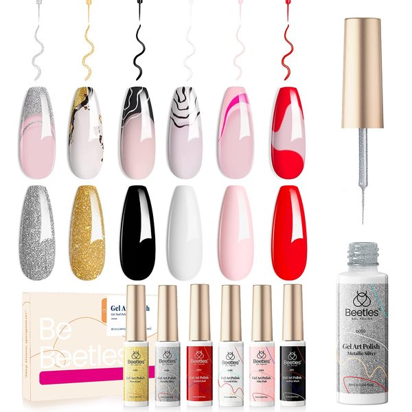 Beetles Gel Polish 6 Pcs Black White Red Gold Silver Glitters Colors Paint Swirl Built Thin Brush in Bottle Soak off Uv Led Lamp Nail Art Liner Gel Polish Set