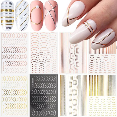 8 Sheets Line Nail Art Stickers Rose Gold Silver Metal Nail Stickers Nail Art Supplies 3D Metallic Curve Stripe Wave Lines Nail Decals French Nail Designs Accessories Striping Tape Wavy Nail Decor