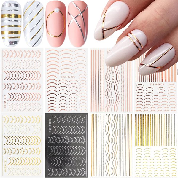8 Sheets Line Nail Art Stickers Rose Gold Silver Metal Nail Stickers Nail Art Supplies 3D Metallic Curve Stripe Wave Lines Nail Decals French Nail Designs Accessories Striping Tape Wavy Nail Decor