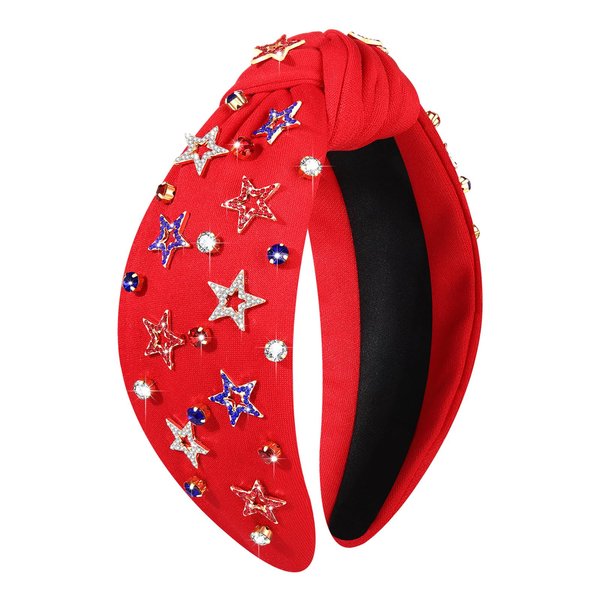 4th of July Headband for Women American Flag Headbands Rhinestone Crystal Jeweled Knotted Wide Top Headband Red White Blue Patriotic Headband USA Hairband Hair Accessories Party Favors (Red, L)