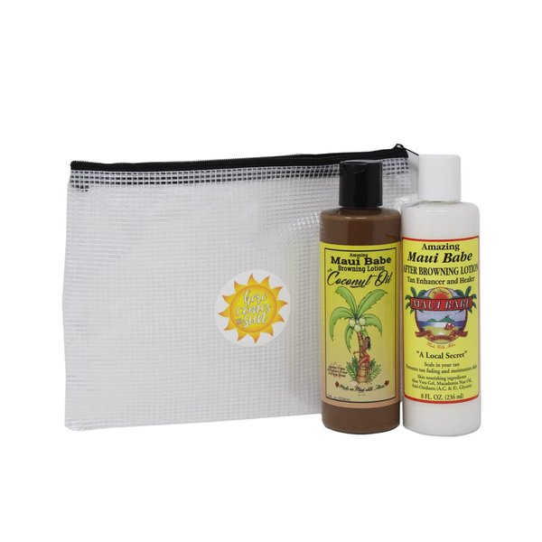 Maui Babe Tanning Pack! Includes Browning Lotion with Coconut Oil 8 oz, After Browning Lotion 8 oz, and Tote Bag! Infused With Skin Nourishing Ingredients! Prevents Tan Fading And Moisturizes Skin!