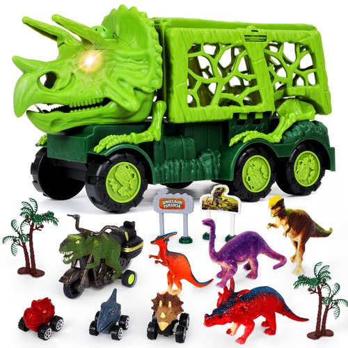 Eterfun 13 in 1 Dinosaur Truck Toys for Kids, Kids Toys Boys Age 3-5, Triceratops Transport Car Carrier Truck Play Set with 12 Dinosaur Figures, Vehicles, Trees, Toddler Birthday Gifts for Boys Girls