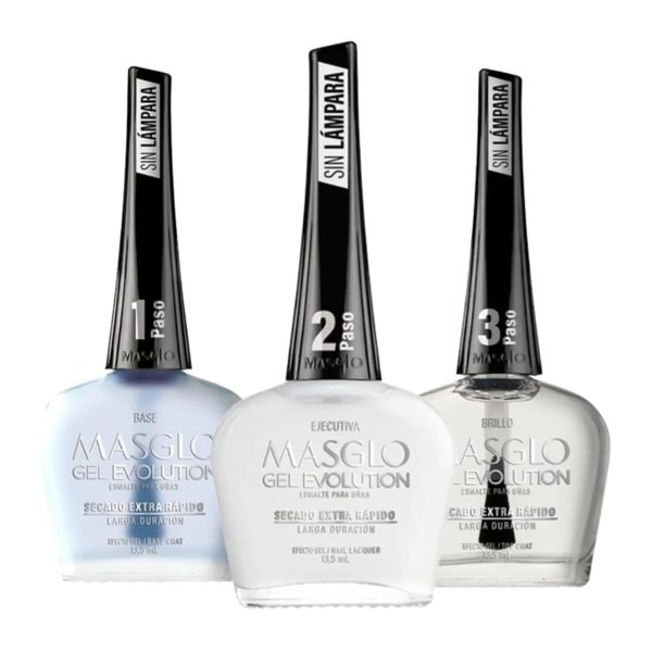 MASGLO GEL EVOLUTION Nail Polish Gel Effect, No UV/Led Lamp, Duration Up to 12 days, 3 PCs Base, Esmalte Color, Brillo (Ejecutiva, Base y brillo)