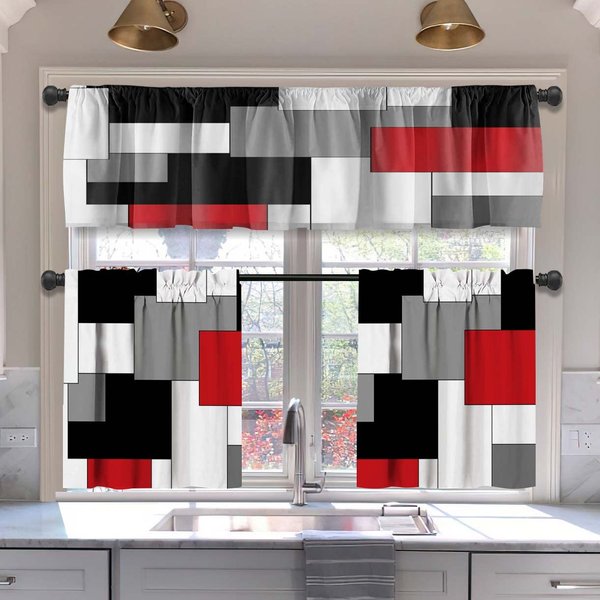 MCALK Red Blackout Kitchen Curtains Tiers and Valances Set 3 Piece for Windows Grey and Black Kitchen Window Curtains Set,White Modern Abstract Art Valances for Living Room(36" Tiers Set)