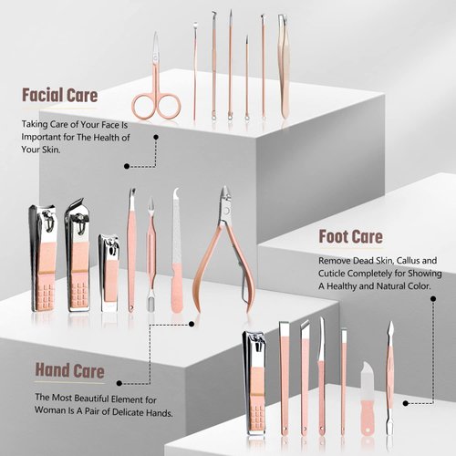 Manicure Set Professional Nail Manicure Kit for Women, 21 in 1 Manicure Kit Pedicure Kit Stainless Steel Nail Clipper Kit Nail Care Kit Travel- Pink