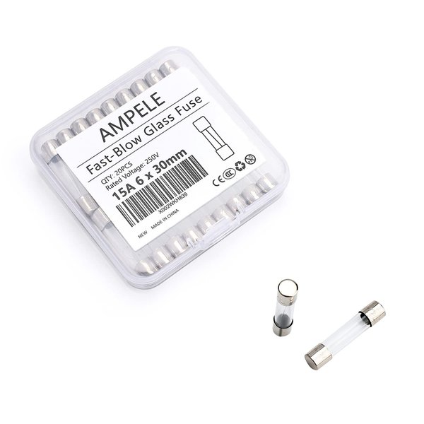 AMPELE (Pack of 20) 15A Fast-Blow Fuse 15Amp 250V Glass Fuses 0.24 x 1.18 inch / 6 x 30 mm (15Amp)(F15AL)