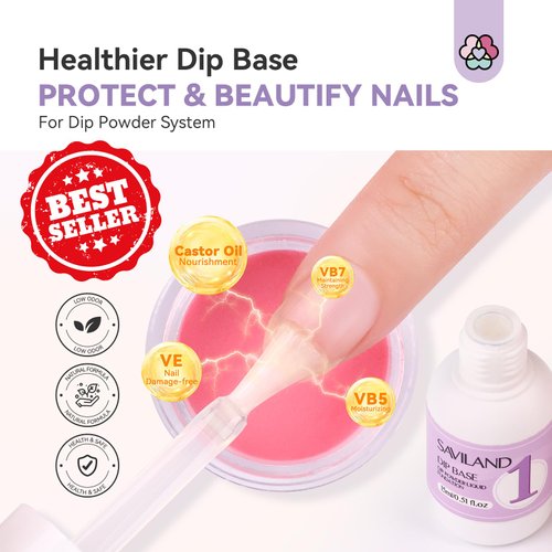 Saviland Dip Powder Base: Vitamin E Ultra Adhesive Dip Foundation Coat for Refill Dip Powder Liquid Set Nail Kit with 2 Liner 3 Replacement Brush for French Nail Art Beginner Home Salon DIY