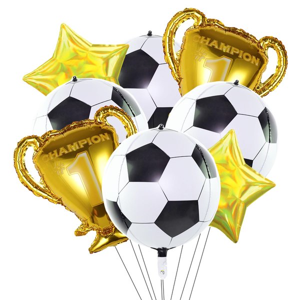 8 Pcs 22 inch 4D Sphere Soccer Balloons Foil Gold Trophy Star Champion Balloon for Soccer Birthday Party Decorations Graduation Sports Football World Cup Party Supplies