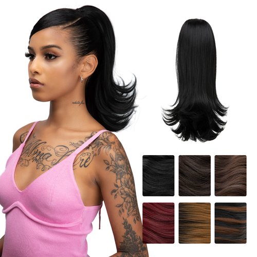 YUMOREAL Drawstring Ponytail Extension 14 Inch Short Curly Pony Tail Hair Extensions for Women Girls High Heat Resistant Synthetic Fiber Fake Hairpieces-Black