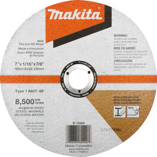 Makita B-12669-10 7" x 1/16" x 7/8" INOX Thin Cut-Off Wheel, 60 Grit, 10/Pk
