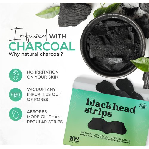 LivaClean (102 Strips Charcoal Blackhead Remover Pore Strips for Face Nose Pores - Blackheads Removal - Blackhead Removers - Blackhead Remover Strip - Black Head Nose Strips Black Head Remover