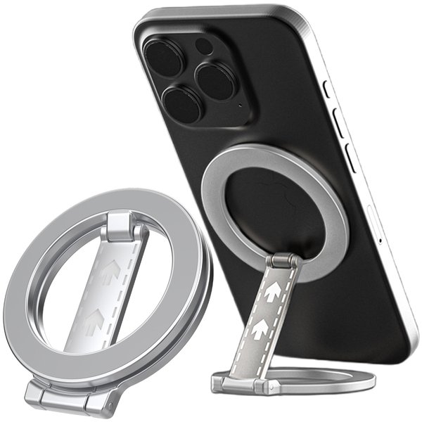 Fofvccv Dual Magnetic Ring Phone Holder, Double Side Adjustable Gym Magnetic Mount Stand, Compatible with Magsafe Foldable Kickstand for iPhone 16 15 14 13 12 Pro Max Series 9D Silver