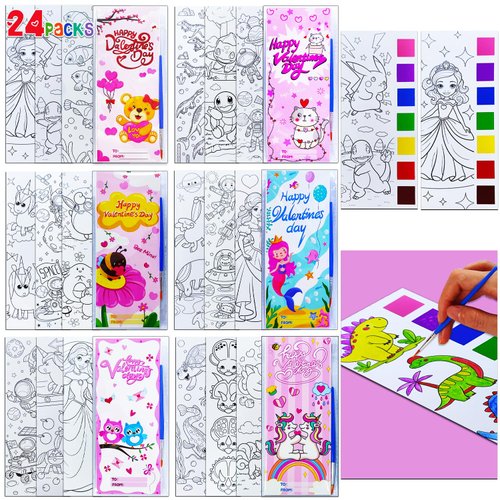 JUNQIU 24 Pack Valentines Day Cards for Kids School, Watercolor Coloring Book Set, Valentines Day Gifts for Kids Classroom Exchange, Paint Party Favors Valentines Crafts