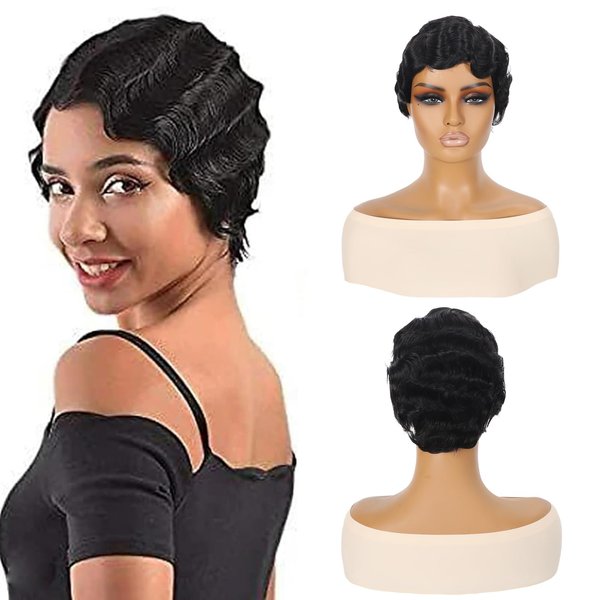 Short Pixie Cut Wigs For Black Women Mommy Wig Brazilian Human Hair Wigs Finger Ocean Wave Wig Remy Human Hair Wig For Party (Nature Black Pixie Cut Wigs S16)