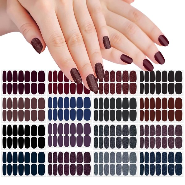 SILPECWEE 16 Sheets Dark Nail Wraps Solid Color Nail Polish Stickers for Women Self Adhesive Nail Polish Strips Gel Nail Strips Fingernail Sticker Nails for Women with 1pc Nail File