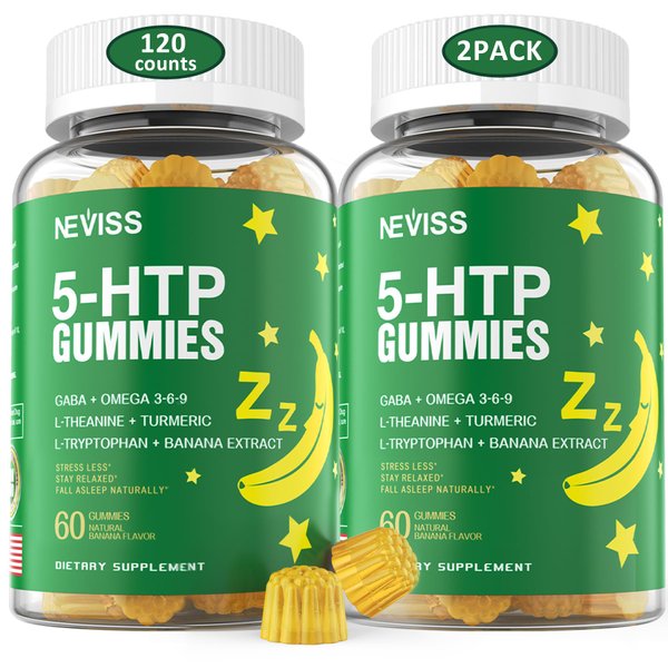 5-HTP GABA Sleep Supplement Gummies - Melatonin Free Extra Strength 900mg Complex for Health Rest Cycle, Banana Extract, L-Theanine, L-Tryptophan, Omega-3-6-9 for Natural Zzzs, Brain Relax,(Pack of 2)