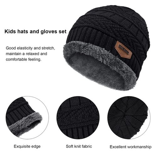 3 Pcs Boys Girls Winter Beanie Hat Scarf Gloves Set Thick Knitted Warm Toddler Winter Hat Mittens Neck Warmer for Kids, Black