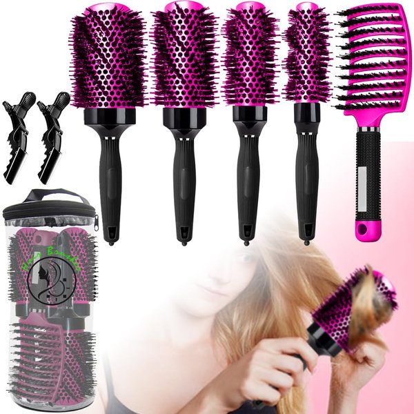 Aozzy 5pcs Round Brush Set for Blow Drying with Vented Curved Brush, Professional Hair Styling Brush, Reduce Frizz Hair, Round Curling Brush Boar Bristle Round Hair Brush for Women