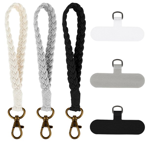 3Pcs Boho Macrame Phone Wrist Strap, Cell Phone Lanyard with 3Pcs Phone Tether Tabs, Handmade Wristlet Keychain Phone Case Anti-Loss Phone Chain for Women Men(Black White Gray)