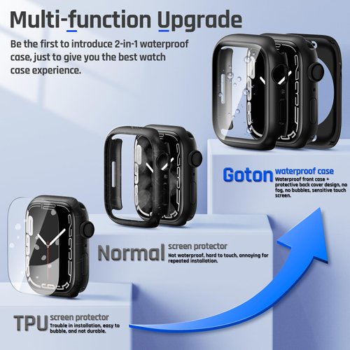 Goton 2 in 1 Waterproof Case for Apple Watch Screen Protector 44mm SE 2nd Gen Series 6 5 4 SE, 360 Protective Glass Face Cover Hard PC Bumper + Back Frame for iWatch Accessories 44 mm, Black