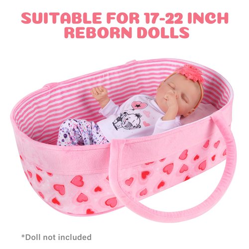 BABESIDE Reborn Baby Doll Bassinet for 17-22 inch Dolls Foldable Baby Doll Crib Bed Soft Doll Carrier Doll Accessories with Handle for Newborn Baby Dolls Girls (Pink-Love)